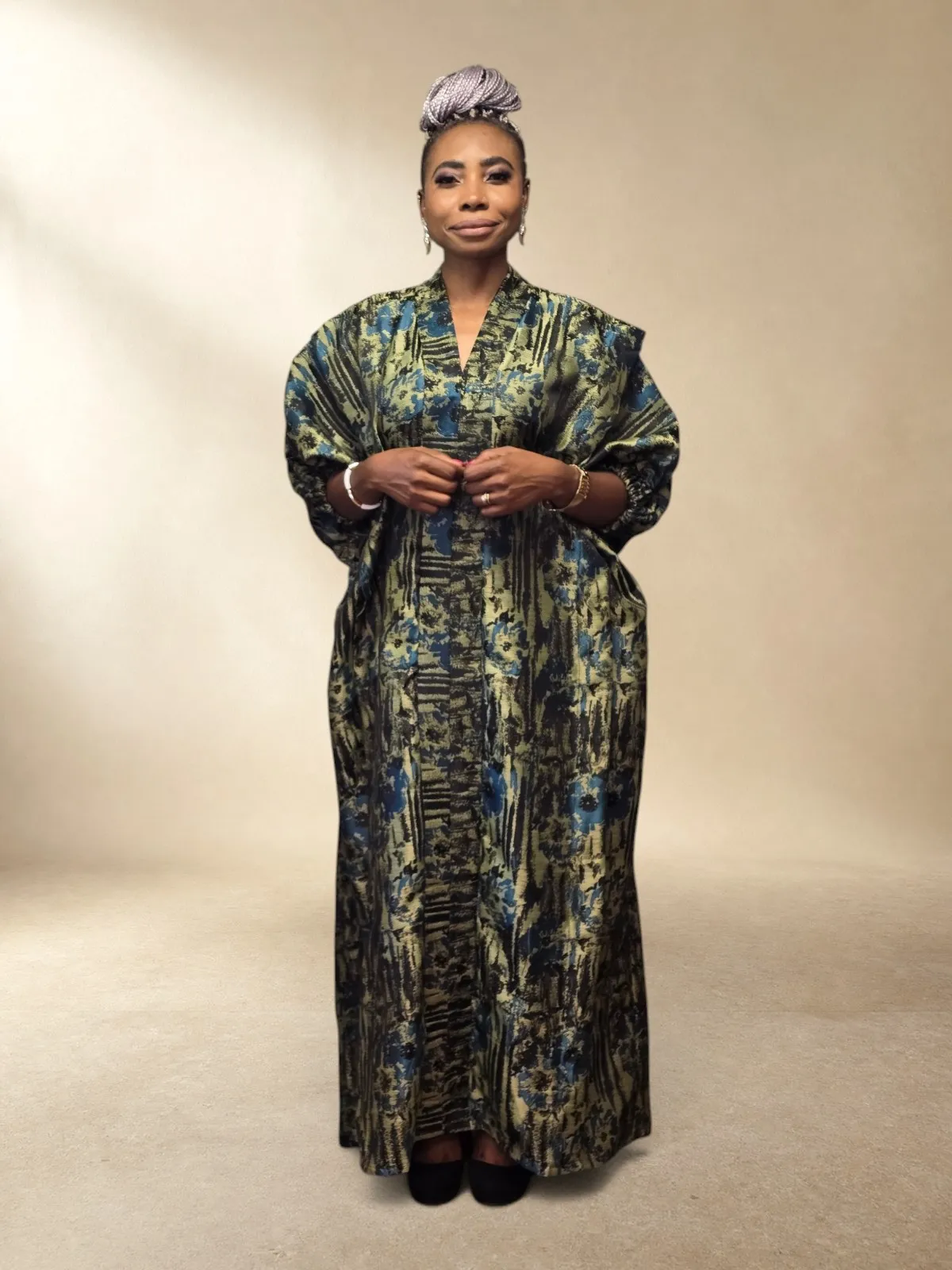 Olive Blue Brocade - front Soft Brocade Boubou - Image 1